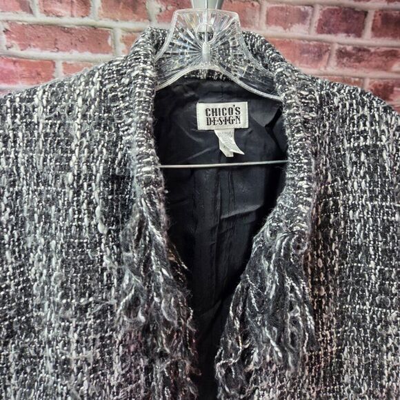 Chico’s Design Women’s Tweed Fringe Blazer Jacket Coat – Size 2 Black White - Picture 5 of 6